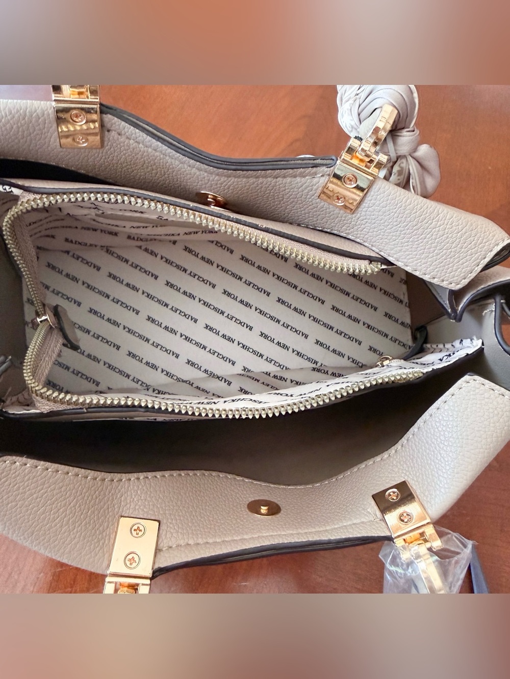 Badgley Mischka Taupe Satchel with Scarf Detail - Picture 7 of 10